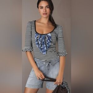 Anthropologie Little Yellow Button Striped Black and White Top with Blue Ruffle